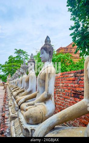 La fila di statue di Buddha nel tempio Wat Yai Chai Mongkhon, Ayutthaya, Thailandia Foto Stock