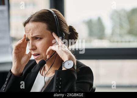 Donna di mezza età che tiene la testa in difficoltà mentre indossa una cuffia. Foto Stock
