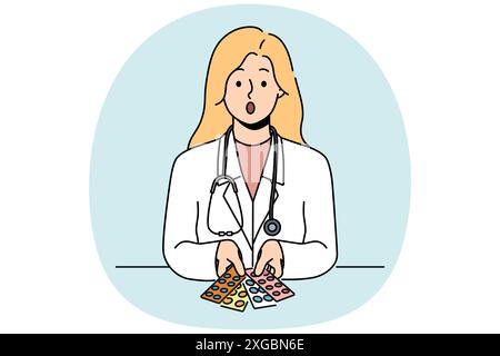 Medico donna sorpresa con pillole in vesciche si sente diffidente di farmaci che possono danneggiare il paziente. Scettica ragazza medico con stetoscopio intorno al collo non vuole raccomandare farmaci non testati Illustrazione Vettoriale