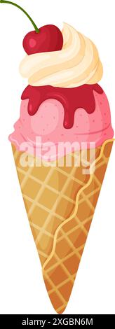 Gelato alla ciliegia con panna montata e sciroppo in un cono per waffle. Bacche mature dessert rinfrescante fresco disegnato a mano stile piatto isolato dall'aspetto allegro e estivo. Illustrazione vettoriale Illustrazione Vettoriale