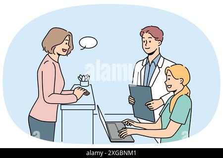 Una cliente donna della clinica si trova vicino alla reception e si consulta con il medico o sceglie un orario conveniente per il prossimo appuntamento. I dipendenti della clinica cosmetologica e dei potenziali pazienti sono nella hall Illustrazione Vettoriale