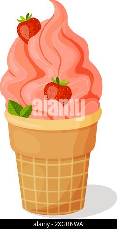Gelato alla fragola in tazza per waffle. Foglie di bacca e menta mature dessert rinfrescante fresco disegnato a mano in stile piatto isolato dall'aspetto allegro e estivo. Illustrazione vettoriale Illustrazione Vettoriale