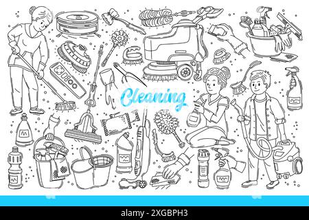Processo di pulizia dell'appartamento da casalinghe o cameriere che fanno lavori domestici. Apparecchiature manuali o elettriche con prodotti chimici per la pulizia e la disinfezione dei locali da sporcizia e batteri. Scarabocchio disegnato a mano Illustrazione Vettoriale