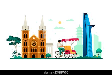 Notre Dame a ho chi Minh City e illustrazione vettoriale a colori Bitexco Illustrazione Vettoriale
