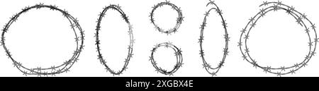 Set di telai in filo spinato con forme diverse. Concetto di protezione, pericolo o sicurezza. Disegnato a mano in stile schizzo. Illustrazione vettoriale Illustrazione Vettoriale