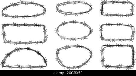 Set di telai in filo spinato con forme diverse. Concetto di protezione, pericolo o sicurezza. Disegnato a mano in stile schizzo. Illustrazione vettoriale Illustrazione Vettoriale