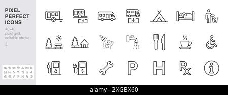 Set di icone della linea di campeggio. Parcheggio per roulotte, stazione di scarico roulotte, tenda, doccia, camper, illustrazioni vettoriali minime. Indicazioni stradali semplici Illustrazione Vettoriale