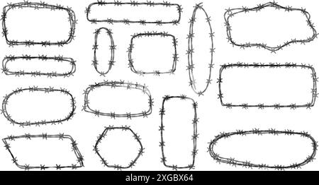 Set di telai in filo spinato con forme diverse. Concetto di protezione, pericolo o sicurezza. Disegnato a mano in stile schizzo. Illustrazione vettoriale Illustrazione Vettoriale