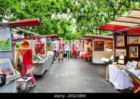 Artista e opere d'arte al mercato d'arte domenicale di Montparnasse - Boulevard Edgard Quinet, Parigi 75014, Francia. Foto Stock