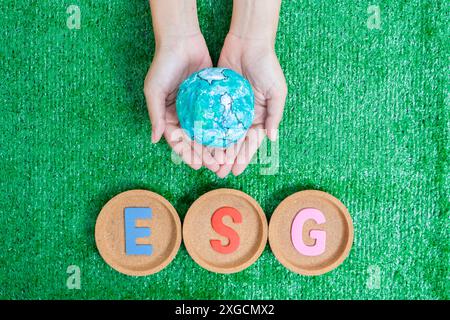 Concetto ESG di ambiente, sociale e governance.parole ESG su un legno è un'idea per uno sviluppo organizzativo sostenibile. conto della en Foto Stock