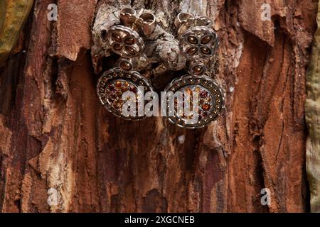 Orecchini e anello in argento sterling e oro con pietre preziose colorate e un paio di orecchini in argento sterling con pietre preziose e quarzo Druzy su una sequoia Foto Stock