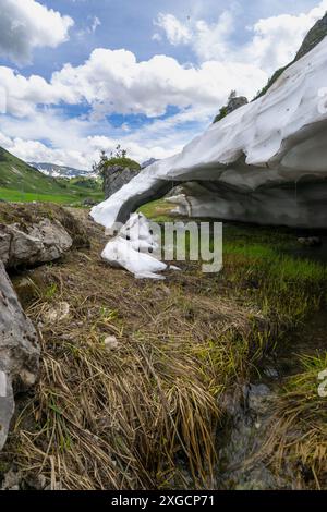 Riposo dalla valanga, neve sciolta nelle Alpi del Vorarlberg fare tunnel nella valanga, neve sulle montagne si scioglie, campi di neve su pendii ripidi Foto Stock