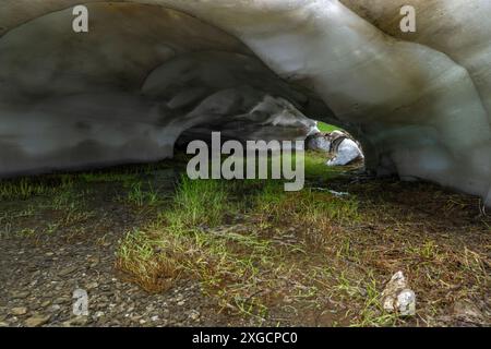 Riposo dalla valanga, neve sciolta nelle Alpi del Vorarlberg fare tunnel nella valanga, neve sulle montagne si scioglie, campi di neve su pendii ripidi Foto Stock