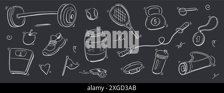 Set icona salute schizzo palestra sportiva. Disegnato a mano lo schizzo doodle sport sano, palestra forma esercizio icona attrezzatura. Palla da tennis disegnata a mano Doodle, bottiglia, attrezzatura per il montaggio a manubrio. Illustrazione vettoriale. Illustrazione Vettoriale