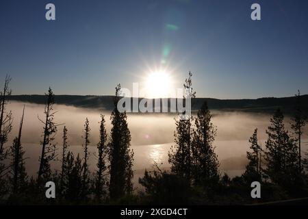 Alba sul fiume Yellowstone protetto dalla nebbia Foto Stock