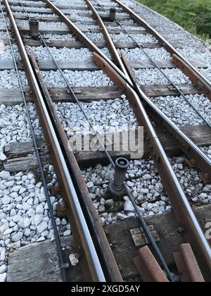 Passante per il tram di Great orme, dove, insolitamente per un tram, le rotaie vanno fuori terra. E' l'unica funicolare della Gran Bretagna rimasta Foto Stock