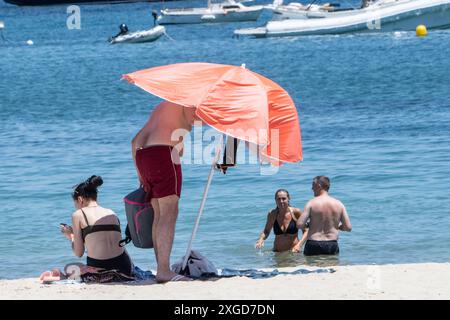 Eindrücke vom Strand im Touristenort Palmanova auf der Insel Mallorca zur Hauptsaison im Sommer 2024Mittelmeerinsel Mallorca während der Hauptsaison im Juli 2024, Palma Mallorca Spanien Playa de Palma *** impressioni della spiaggia nella località turistica di Palmanova sull'isola di Maiorca durante l'alta stagione dell'estate 2024 isola mediterranea di Maiorca durante l'alta stagione nel luglio 2024, Palma Mallorca Spagna Playa de Palma Foto Stock