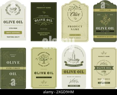 Etichetta olio d'oliva. Eleganti rami di ulivo trafilati a mano con foglie e olive decorati disegni di imballaggi isolati vettoriali set di illustrazioni Illustrazione Vettoriale