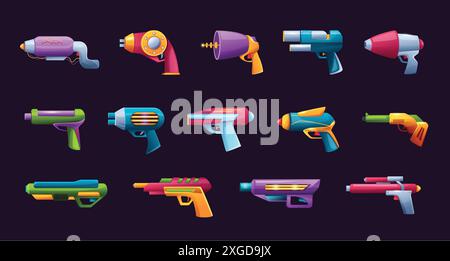 Futuristici blaster di cartoni animati. Pistole a raggi fantascientifici, armi dell'era spaziale, set vettoriale di oggetti per il design dei giochi a cartoni animati. Illustrazione Vettoriale