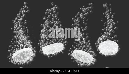 Compressa effervescente in dissoluzione. Integratori e compresse mediche con bolle frizzanti. Processo di dissoluzione e carbonazione della medicina, antidolorifico Illustrazione Vettoriale