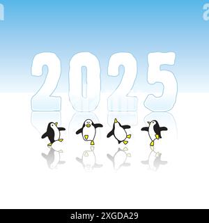 Four Happy Penguins Dancing di fronte alla scultura di ghiaccio del 2025 Illustrazione Vettoriale