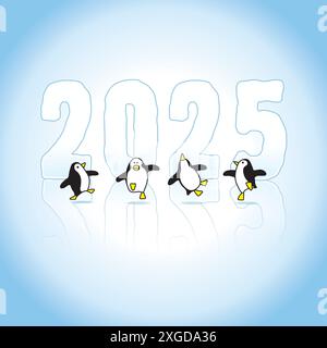 Four Happy Party Penguins Dancing di fronte alla scultura su ghiaccio Frozen Year 2025 Illustrazione Vettoriale