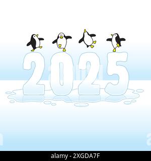 Four Happy Penguins Dancing on top of Melting Year 2025 Ice Sculpture on Blue Horizon Illustrazione Vettoriale