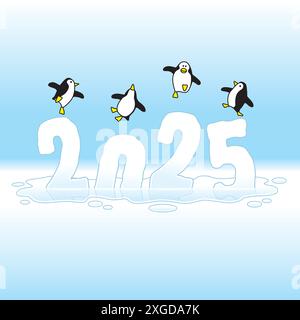 Four Happy Penguins Dancing on Top of Sinking Year 2025 Ice Sculpture Illustrazione Vettoriale