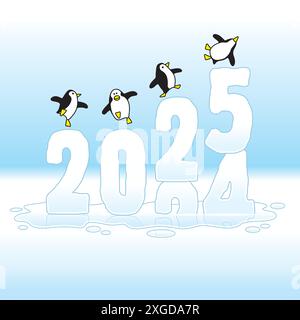 Four Happy Penguins Dancing on top of Sinking Changing Year 2024-25 Ice Sculpture Illustrazione Vettoriale