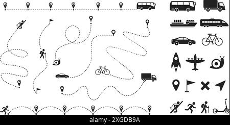 Percorso tratteggiato. Percorsi di navigazione con traiettoria della linea Dash, PIN di localizzazione e icone di consegna della spedizione del trasporto, nave e aereo, treno e Illustrazione Vettoriale