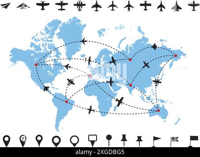 Rotte aeree sulla mappa del mondo. Rotta tratteggiata in tutto il mondo con icona dell'aereo, percorsi di destinazione e punti di atterraggio. Percorso radar di volo Illustrazione Vettoriale