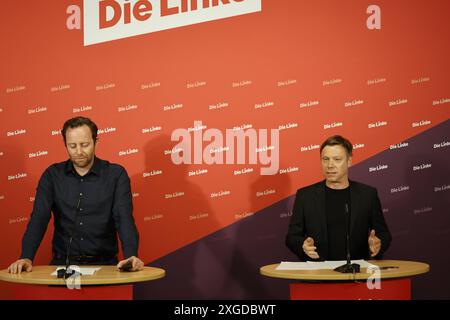 Martin Schirdewan Vorsitzender der Partei die Linke, eine Pressekonferenz, AM 08.07.2024 a Berlino, LINKE Parteizentrale, Karl-Liebknecht Haus, Kleine Alexanderstrasse, Deutschland *** Martin Schirdewan Presidente del Partito di sinistra, conferenza stampa, il 08 07 2024 a Berlino, sede del partito LINKE, Karl Liebknecht Haus, Kleine Alexanderstrasse, Germania Foto Stock