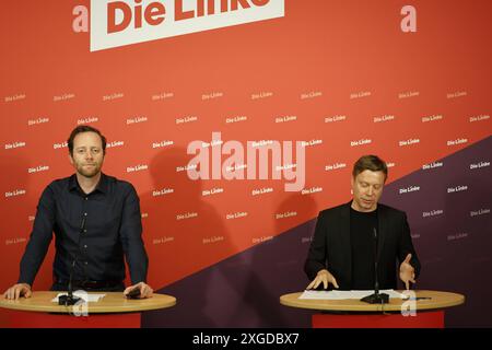 Martin Schirdewan Vorsitzender der Partei die Linke, eine Pressekonferenz, AM 08.07.2024 a Berlino, LINKE Parteizentrale, Karl-Liebknecht Haus, Kleine Alexanderstrasse, Deutschland *** Martin Schirdewan Presidente del Partito di sinistra, conferenza stampa, il 08 07 2024 a Berlino, sede del partito LINKE, Karl Liebknecht Haus, Kleine Alexanderstrasse, Germania Foto Stock