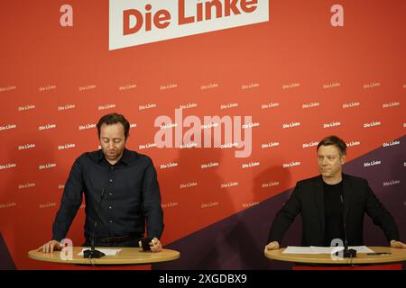 Martin Schirdewan Vorsitzender der Partei die Linke, eine Pressekonferenz, AM 08.07.2024 a Berlino, LINKE Parteizentrale, Karl-Liebknecht Haus, Kleine Alexanderstrasse, Deutschland *** Martin Schirdewan Presidente del Partito di sinistra, conferenza stampa, il 08 07 2024 a Berlino, sede del partito LINKE, Karl Liebknecht Haus, Kleine Alexanderstrasse, Germania Foto Stock