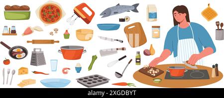 Utensili da cucina e cucina. Chef donna che prepara il cibo con una collezione di ingredienti e utensili da cucina. Kit per la creazione di ricette per la cucina casalinga e la cena Illustrazione Vettoriale