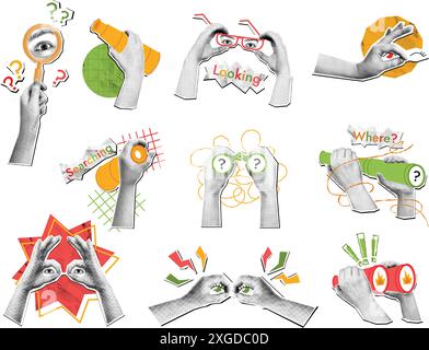 Media misti che sembrano mani. Adesivi per ricerca e esplorazione mezzitoni con lente d'ingrandimento, binoculare, lente di ingrandimento e occhiali da vista. Ricerca collage Illustrazione Vettoriale