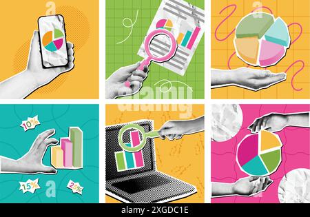 Ricerca sui media misti. Analisi dei dati mezzitoni e collage di statistiche, mani che tengono grafici a torta e report sotto il set di vettori delle lenti di ingrandimento Illustrazione Vettoriale