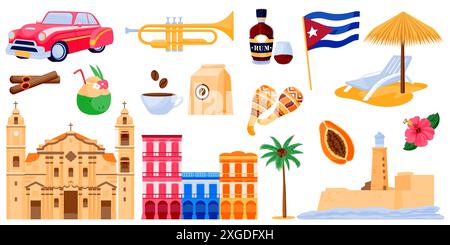 Viaggia a Cuba con icone vettoriali e set di elementi di design. Simboli tradizionali cubani. Splendida architettura dell'Avana, auto rosa, sigaro, rum, bandiera isolata Illustrazione Vettoriale