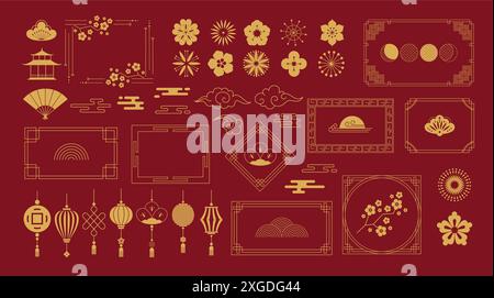 Cornici di ornamenti tradizionali cinesi. Bordi decorativi asiatici con lanterne, motivi floreali di fiori di loto e fiori di ciliegio. Vettore a tema Cina Illustrazione Vettoriale