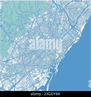 Mappa di Barcellona in Spagna in stile blu. Contiene vettore stratificato con strade, acqua, parchi, ecc. Illustrazione Vettoriale