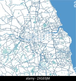 Mappa di Newcastle in Regno Unito in stile blu. Contiene vettore stratificato con strade, acqua, parchi, ecc. Illustrazione Vettoriale