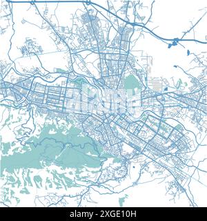 Mappa di Skopje nella Macedonia del Nord in stile blu. Contiene vettore stratificato con strade, acqua, parchi, ecc. Illustrazione Vettoriale