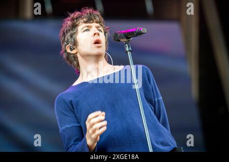 Oslo, Norvegia. 28 giugno 2024. La band hardcore punk americana Turnstile esegue un concerto dal vivo durante il festival musicale norvegese Tons of Rock 2024 a Oslo. Qui il cantante Brendan Yates viene visto dal vivo sul palco. Foto Stock