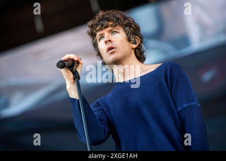 Oslo, Norvegia. 28 giugno 2024. La band hardcore punk americana Turnstile esegue un concerto dal vivo durante il festival musicale norvegese Tons of Rock 2024 a Oslo. Qui il cantante Brendan Yates viene visto dal vivo sul palco. Foto Stock