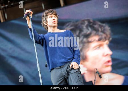 Oslo, Norvegia. 28 giugno 2024. La band hardcore punk americana Turnstile esegue un concerto dal vivo durante il festival musicale norvegese Tons of Rock 2024 a Oslo. Qui il cantante Brendan Yates viene visto dal vivo sul palco. Foto Stock