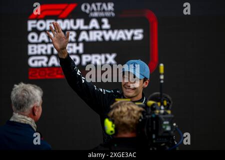 Silverstone, Regno Unito, 8 luglio 2024, George Russell, dal Regno Unito gareggia per Mercedes F1. Qualifica, 12° round del campionato di Formula 1 2024. Crediti: Michael Potts/Alamy Live News Foto Stock