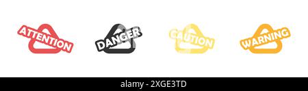 Serie di icone dei segnali di avvertenza vettoriali. Segnali stradali. Iscrizione avvertenza, pericolo, vettore di attenzione. Immagine vettoriale di eleganti lettere di avvertenza. Illustrazione Vettoriale