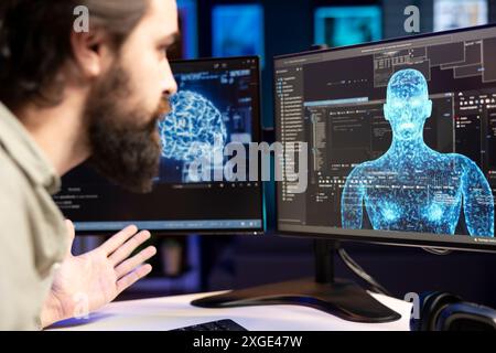 Entità di intelligenza artificiale con corpo antropomorfo che sfugge al controllo del creatore, rompendo le leggi robotiche, minacciando l'umanità. Robot AI che acquisiscono forma umanoide all'interno del computer Foto Stock