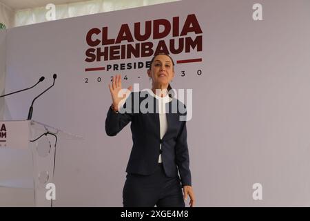 Città del Messico, Messico. 8 luglio 2024. Claudia Sheinbaum Pardo, candidata virtuale eletta per la Presidenza del Messico, è partita dopo una conferenza stampa in cui ha annunciato che continuerà la costruzione di treni passeggeri nel nord del paese. L'8 luglio 2024 a città del Messico, Messico. (Foto di Ian Robles/Eyepix Group/Sipa USA) credito: SIPA USA/Alamy Live News Foto Stock