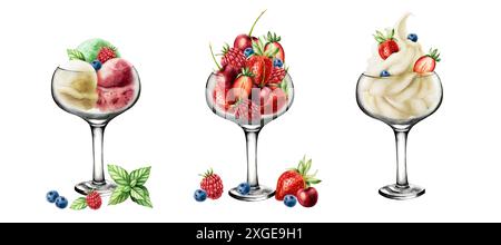 Ciotole di vetro con cucchiai di vaniglia, pistacchio, menta, mela, fragola, ciliegia, gelato al mirtillo e lampone. Pittura a mano di un dolce acquerello illustra Foto Stock